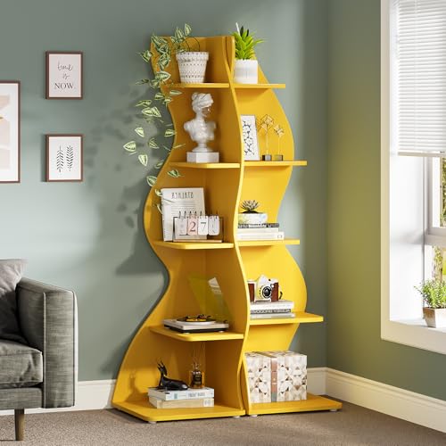 Image of Tribesigns Corner Shelf, Modern 5-Tier Wall Corner Bookshelf, Stylish Corner Small Bookcase Storage Rack Plant Stand with Unique Shape for Living Room, Home Office (Yellow, 2PCS)