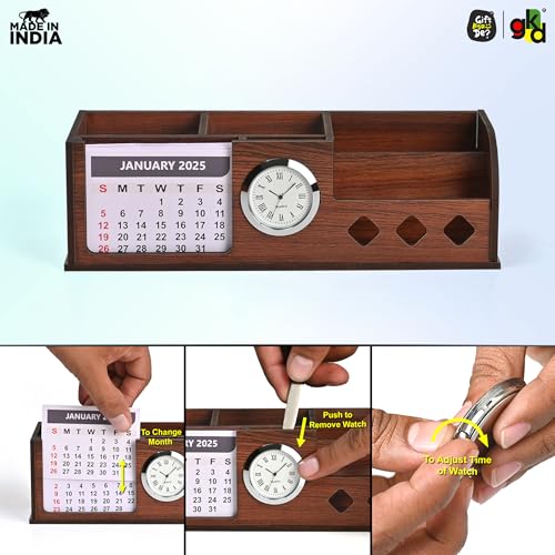 Image of GKD Desk Organizer with Wooden Diary, Bamboo Pen & Bottle, 2026 Calendar, Clock, and 4 Compartments - Elegant Wooden corporate Gift Table Organizer for Office and Home Use (Combo 2)