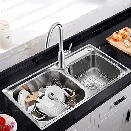 YGCBL Fregadero de cocina de alta capacidad, doble ranura, acero inoxidable cepillado 304, con colador, 780 x 430 x 220 mm