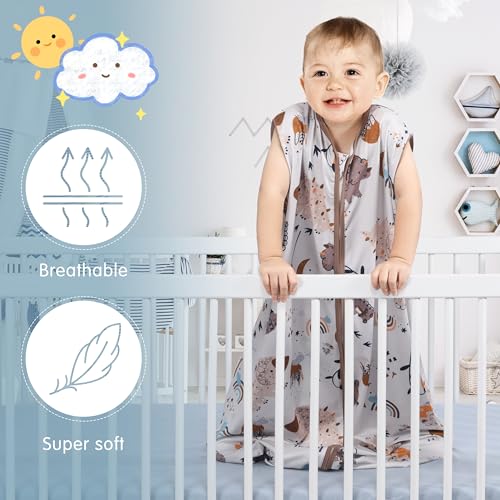 Image of BSTOPPT 3 Pack Baby Sleep Sack 100% Rayon Cotton Baby Sleeping Bag 2-Way Zipper Toddler Wearable Blankets TOG 0.3. (Fox&Dinosaurs&Dark Gray, 18-24 Months)