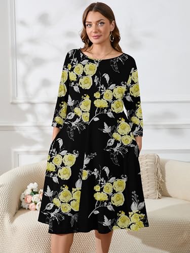Image of AusLook Women's Plus Midi Dresses Crew Neck A Line 3 /4 Sleeves Casual Elegant Loose Wedding Vacation Dress with Pockets