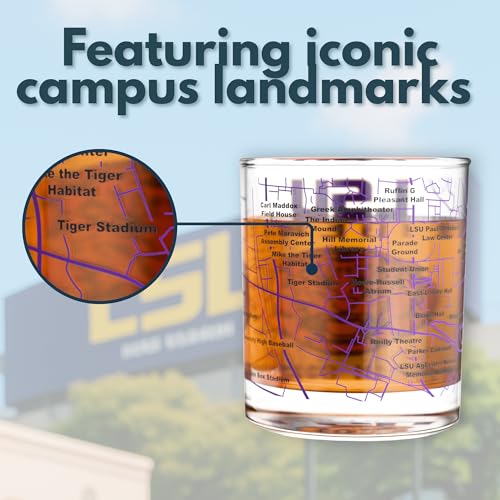 Image of Greenline Goods - University of LSU Tigers College Whiskey Glasses (Set of 2), 10 oz - Full-Color Logo + Campus Map