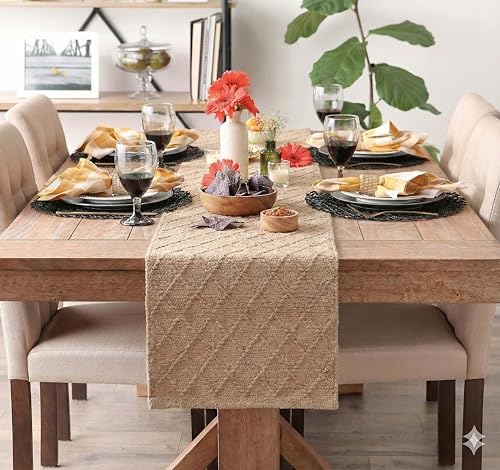 Image of The Home Talk Handwoven Solid Diamond Table 4-6 Seater Runner - Beige Design - Eco-Friendly, Textured, Durable for Dining Table,Coffee Table, Console -13x72 Inches