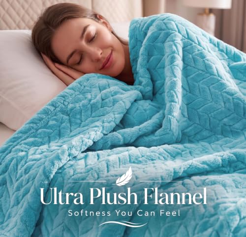 Image of SANMARINO Premium 300 GSM Single Bed Flannel Blanket | Ultra Soft Leaf Emboss Plush Blanket | All Season Lightweight & Cozy | AC Blanket for Bed, Sofa, Couch, Travel & Camping | 152x228 cm,Aqua