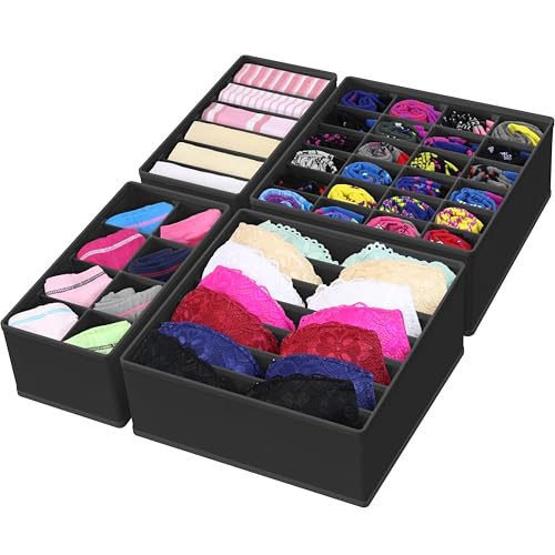 Simple Houseware 4-Pack Drawer Organizer Set - Closet Dividers for Underwear, Socks, Bras, Scarves, Ties - Foldable Non-Woven Storage Boxes, Black