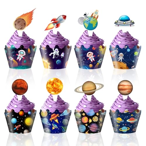 Universe Planet Cupcake Toppers Space Astronaut Cupcake Wrappers for Baby Shower Birthday Outer Space Themed Party Cake Decorations Supplies