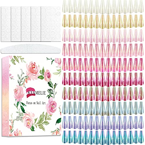 KXAMELIE 10 Sheets Extra Long Coffin Fake Nails Glossy Aurora Holographic Ballerina Press on Nails Colorful Full Cover Artificial Acrylic False Nails for DIY Nail Salon Manicure Women Girls 240 Pieces