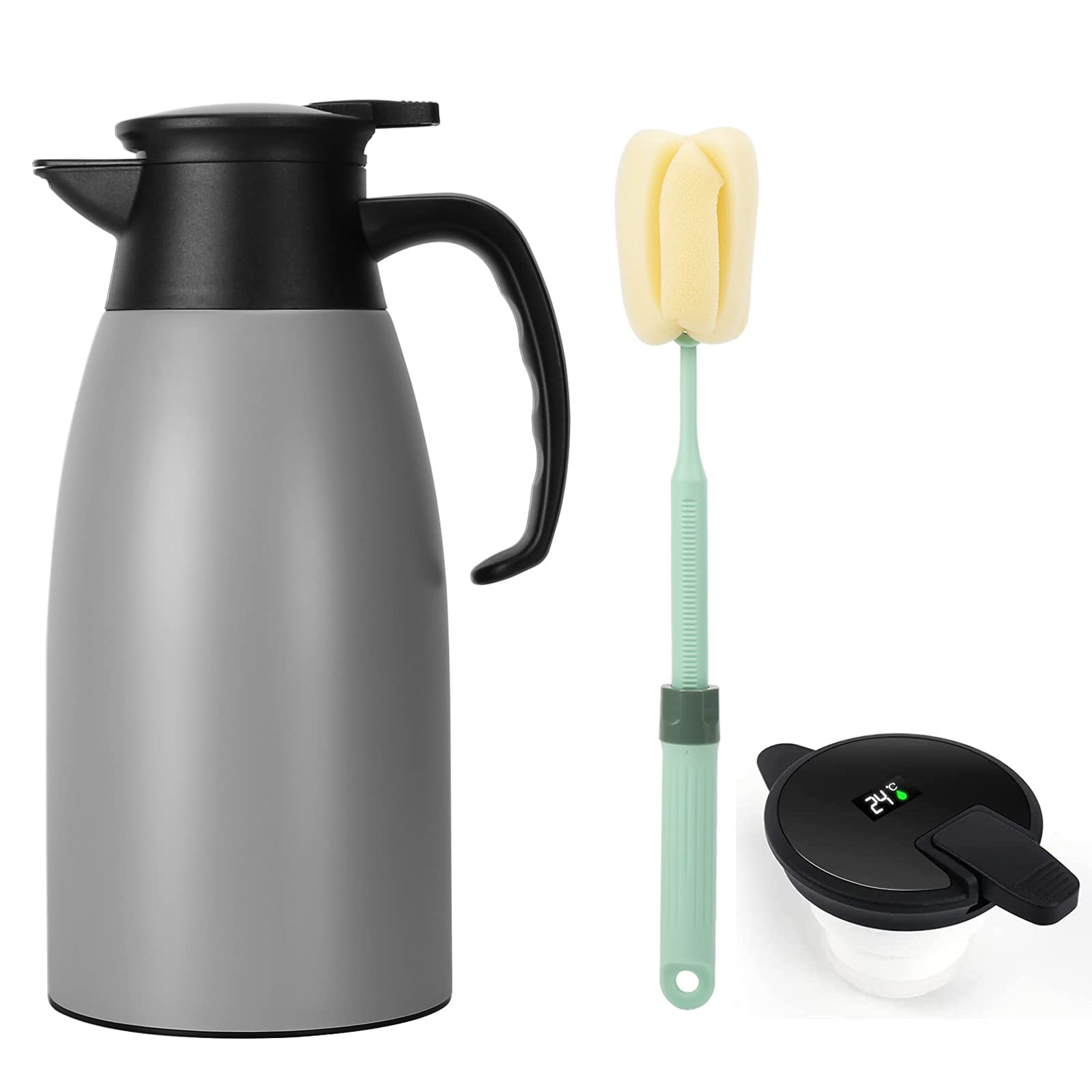 Yummy SamThermal Coffee Carafe Stainless Steel 68oz(2 Lifter) Double Walled Vacuum Coffee Thermos with Celsius Temperature Display Lid Water Beverage Dispenser 12h Heat/24h Cold Retention (Gray)
