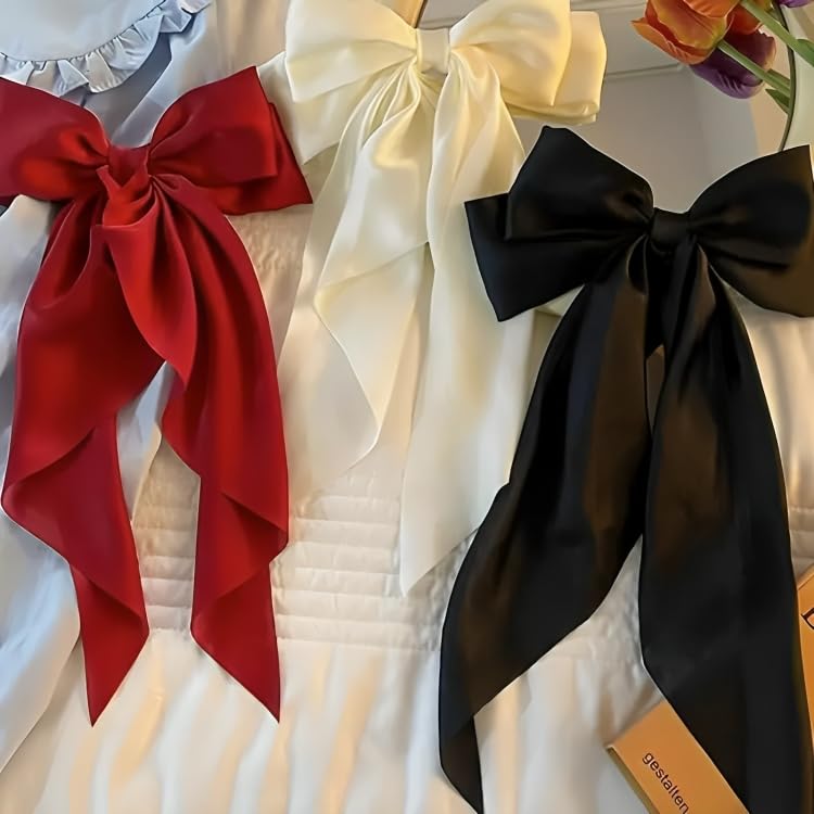 Image of FilterFashion Hair Bow Women Satin Silky Layered Hair Barrettes with Big Ribbon Bow Clip for Women and Girls Large Vintage Hair Accessories French Style (White-black-maroon-3pcs)