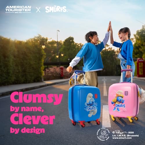 Image of American Tourister Smurfs 53 CM Small Suitcase with Combination Non TSA Lock & 4 Wheels Hard-Sided PC Cabin Luggage /Trolley Bag for Travel /Luggage Bag with Spinner Wheels for Travel- Pink /Purple