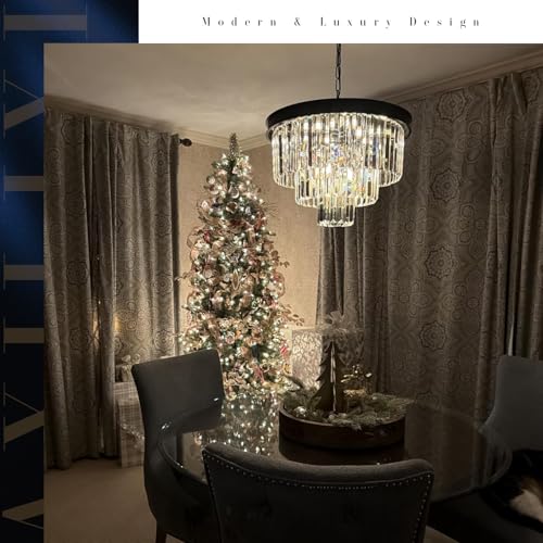 Image of Black Crystal Chandelier Modern 20 inch Round Light Fixtures for Living Room