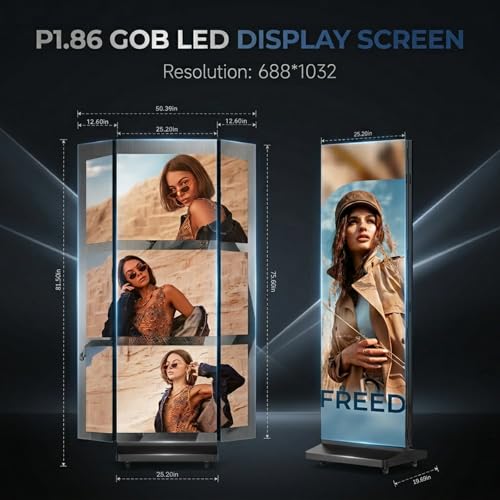 Image of 90 inch LED Digital Signage, P1.86 Tri-Fold Dual-Sided Foldable LED Poster Screen with Flight Case, GOB Commercial Advertising Display Screen Kiosk, WiFi /USB /HDMI, for Store, Rentals, Events