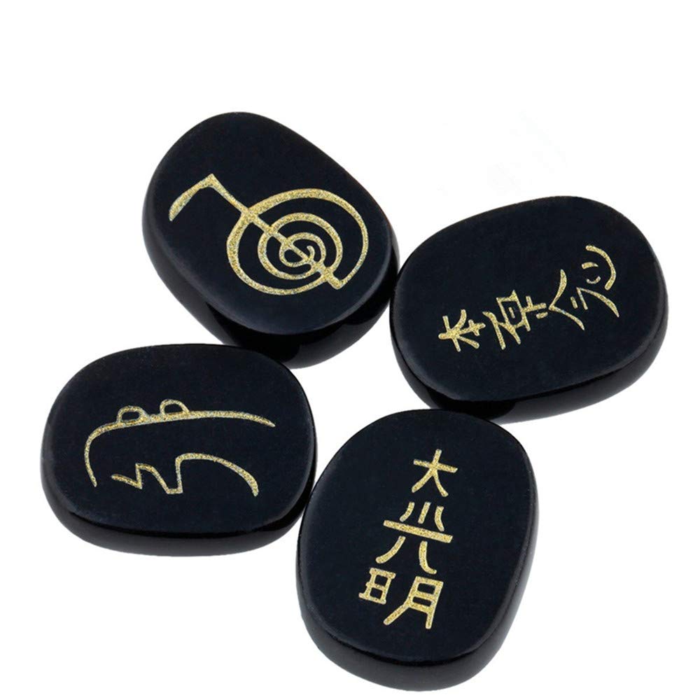 Aitelei Obsidian 4 Piece Stones Engraved Chakra Symbols Polished Palm Stones For Reiki Crystal Healing