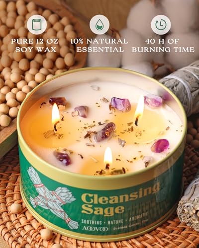 Image of AOOVOO 2 Pack Sage Candle for Cleansing - 3 Wick 24oz Large Scented Candle with Crystals & Sage Leaves Inside, Soy Candles Non Toxic for Meditation Spiritual Gift, Aromatherapy Candle for Women Men