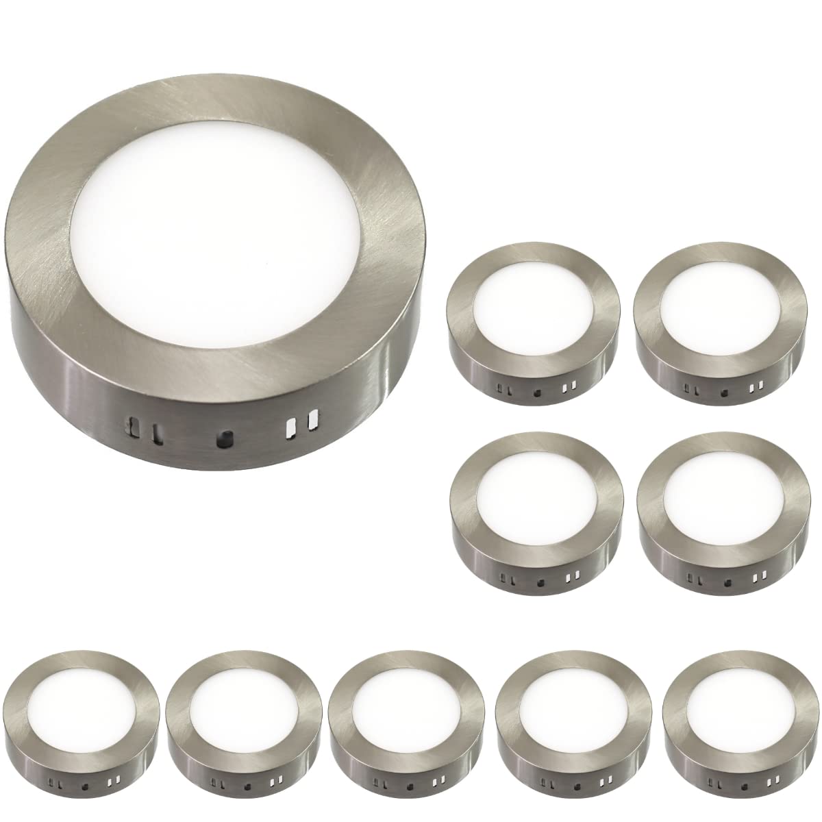 Jandei - Pack x10 Downlights Plafones LED 6W Redondo De Superficie, Ø 120 milímetros, Luz Blanca Fría 6000K, 480 Lúmenes, Aro Color Acero. Perfecto para Iluminar Oficinas, Salones, Cocinas, Baños
