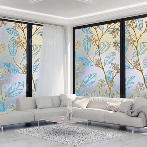 Image of CHIPAK Premium Vinyl Privacy Stained Window Glass Film (16x200 Inch) - Self-Adhesive Decorative Sticker Opaque Sheet Tint Wallpaper for Glass Cover Window, Door, Office, Home.| Anti-UV. Blue Leaves