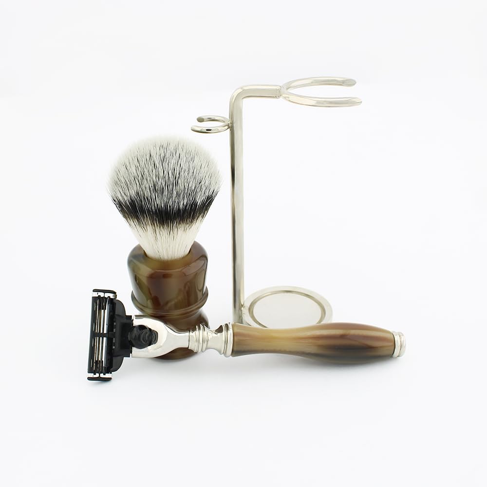 Neu Horn Luxus Collection - Prämie,Nass Rasierset - 3-teiliges & Gebrauchsfertig - Synthetisch Silbern Spitze Dachs & Triple Edge Rasierer > mit einem Vorinstalliert Kartusche - 3-klingen