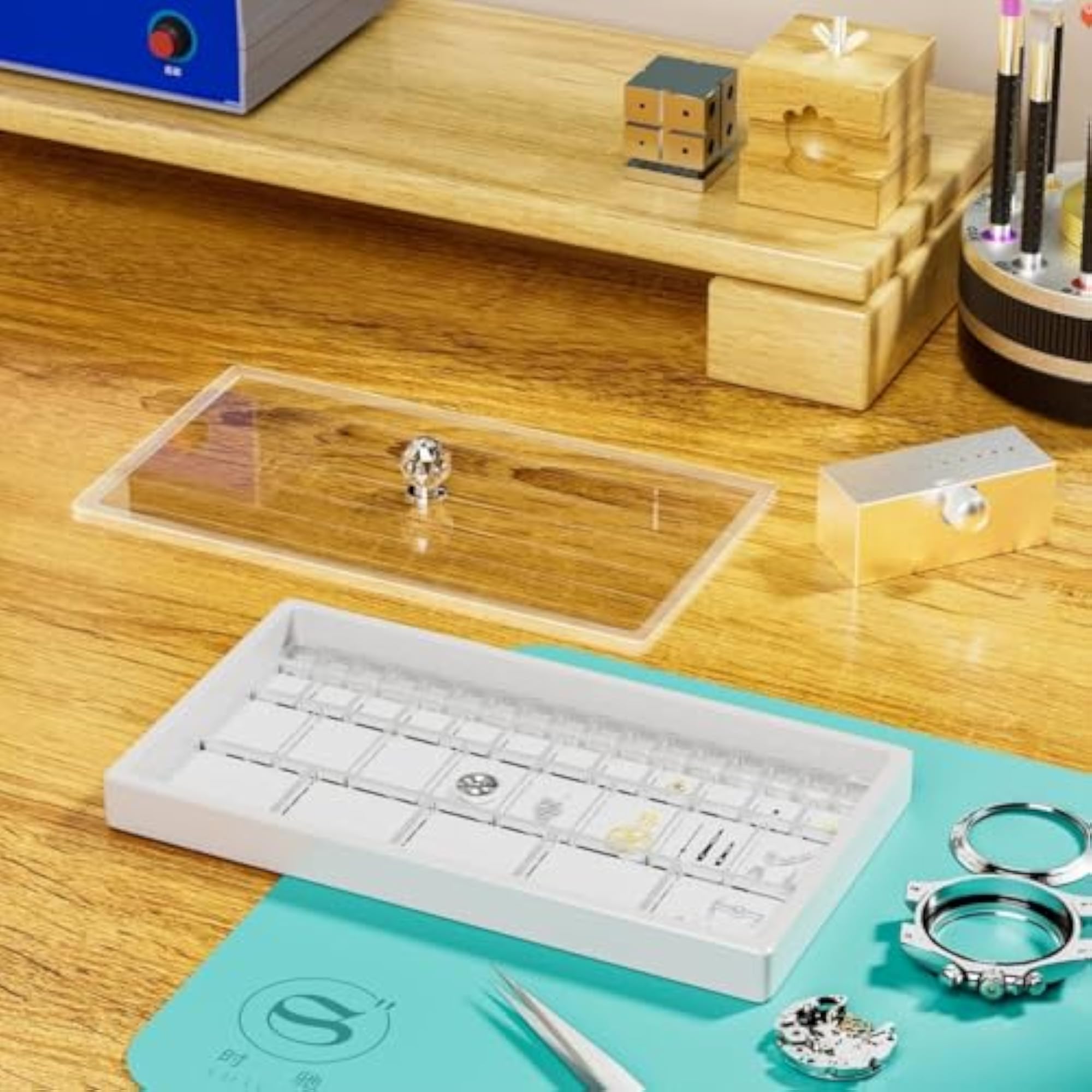 Transparent Lid Watch Parts Organizer with Crystal Handle