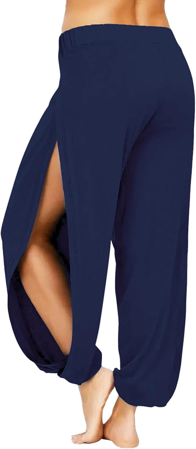 Harem Pants for Women Double High Slit Leg Flowy Yoga Pant Pilates Dance Hippie Wrap Beach Cover-Up Pants