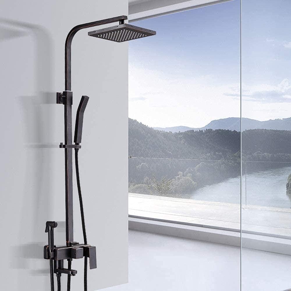 CWCQGH Shower System Nordic Black Lifting Hot and Cold Shower Set Brass Shower Faucet 10 Inch Square Top Spray Shower System 4 Modes with Gun Spray Nice Practical Decoration