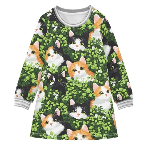 Girl Dress Cat Hidden in Green Leaves Pattern Long Sleeve Fall Winter Casual Basic Dress