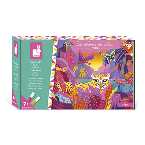 Janod - Peinture 3D - Thème Jungle - Les Ateliers du Calme - Kit Loisir Créatif Enfant - Peinture Or et Rose Fluo pour Enfant - Stimule Motricité Fine et...