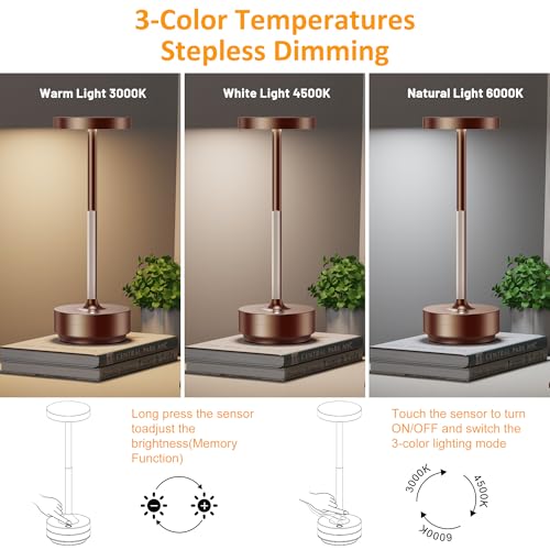 SAKRINGT Rechargeable Cordless Table Lamp - Battery Operated LED Portable Table Light with 3 Color Stepless Dimming, Memory Function - IP54 Waterproof for Outdoor, Restaurant, Patio, Camping