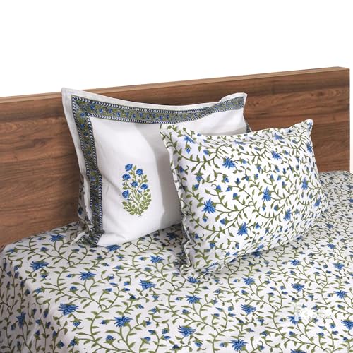 Image of TOAI Bedsheet for Double Bed King Size 108 inch x 108 inch |100% Pure Cotton 210TC | Hand Block Printed Jaipuri Bedsheet | 2 Reversible Pillow Covers 18 inchx27 inch |White Blue Florals
