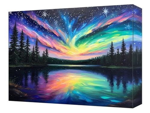 Peinture par numéro aurore lac pour adulte et enfant - Kit de coloriage numéroté DIY 70x90cm