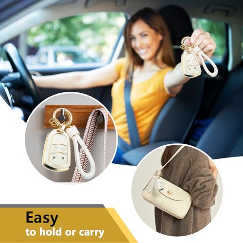 Image of for Cadillac Key Fob Cover with Metal Braided Rope Keychain, Upgraded Soft Key Case for 2015-2019 Escalade CTS SRX XT5 ATS STS CT6 (6 Buttons) (Gold Edge)
