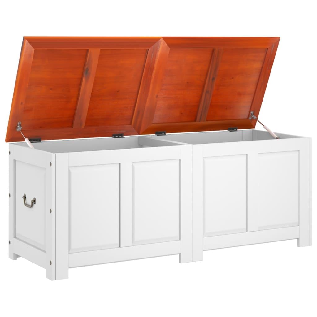 Baúl de madera maciza de acacia con tapa, baúl de almacenamiento con muelle de gas, baúl de madera marrón y blanco, versátil como mesa de café o caja de almacenamiento