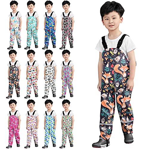 Girls Boys Dinosaur Waterproof Rain Pants Toddler Windproof Adjustable Suspender Raincoat Button Reusable Rain Trouser
