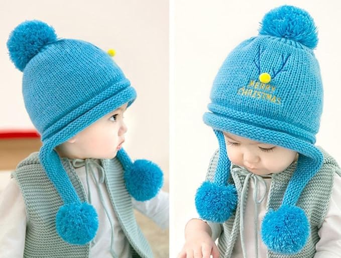 THE DDS STORE Boys Girls Winter Knit Cap Hat Soft Fleece Velvet Fur Ear Flap Woolen Hat | Skull Beanie Unisex Kids Winter Hat for Age 2-7 Years (in, Age, 2 Years, 7 Years, Blue)