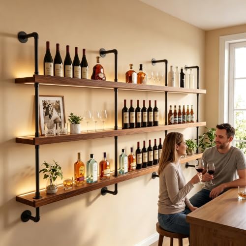 Image of HOUSESET 36 /48 /60 /72 /84in Wine Wall Rack with Led Lights, 3-Tiers Modern Pipe Liquor Bottle Display Shelf, Floating Bar Shelves Wall Mounted for Commercial Bar, Restaurant, Home