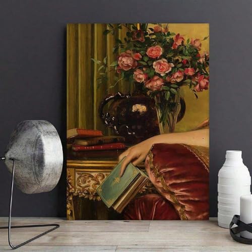 Toile vintage femme lisant et fleurs lumineuses pour une ambiance cocooning salon