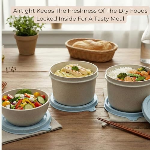 Image of Happy Cove Eco Friendly Lunch Box for Office Use, Made of Wheat Straw and Rice Husk, 3 Microwave Safe Blue Containers, Tiffin Box for Men with Grey Lunch Bag, Microwave Safe, Oven Safe, Unbreakable