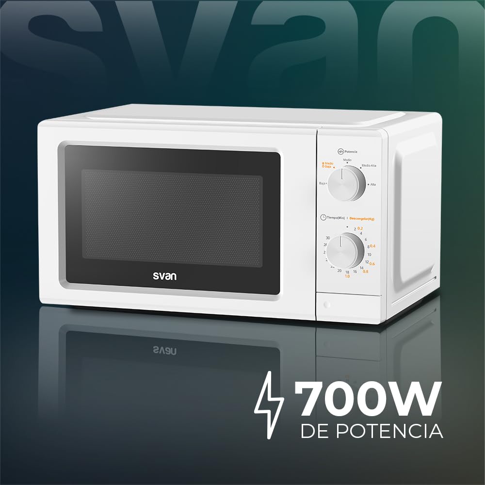 Svan Micro-ondes 19 Litres Basique Pose libre, Blanc SMW19700. 700W, 5 Programmes, Commande Manuelle, Mode Décongélation, Cavité Émaillée, Nettoyage Facile, Minuterie 30min
