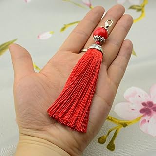 Makhry 10 pcs 4.5 Inch Handmade Silky Floss Lobster Clasp Tassel Key chain Beads Bookmark Tassel Pendant for DIY Craft Jewelry Women Earring (Red, Short)