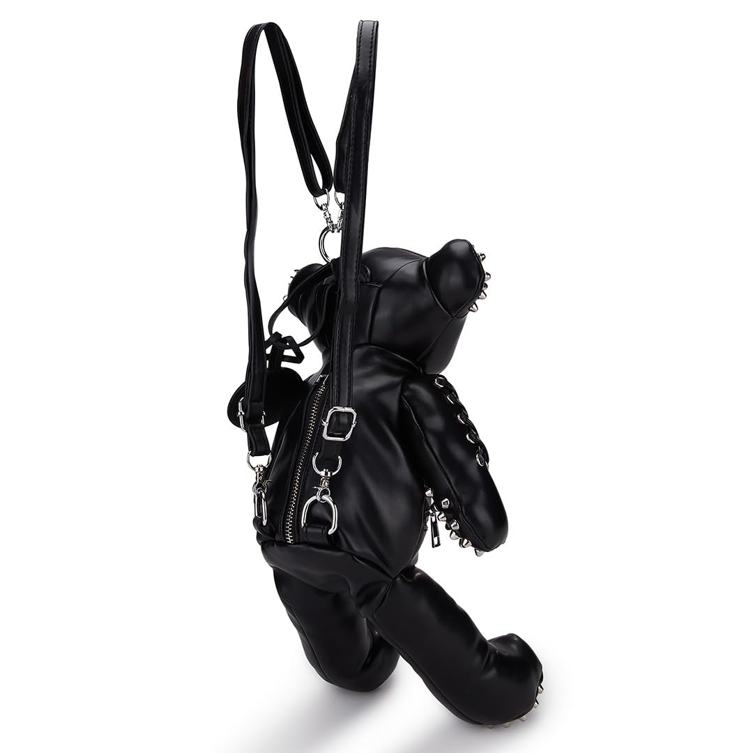 Dolls Kill Tormented Teddy Backpack - Vegan Leather Bag, Spikes and Studs Black