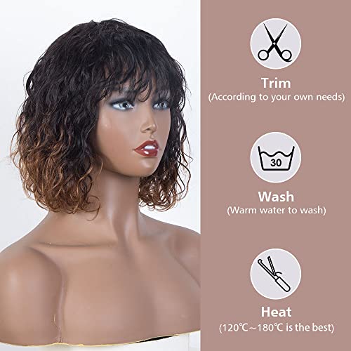 FASHION IDOL Bob Curly Human Hair Wig for Black Women 10 Inches Brazilian Virgin Human Hair Short Deep Water Wavy Wig with Bangs 150% Desity Ombre Gold(10 Inch - Image 3