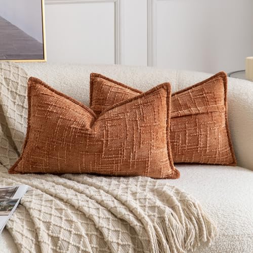 Image of MADIZZ Pack of 2 Chenille Throw Pillow Covers 12x20 Inch Rust Soft Neutral Decorative Throw Pillows for Couch Sofa Boho Accent Cushion Covers Modern Farmhouse Home Decor for Bedroom Living Room