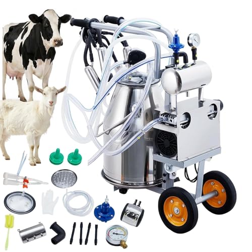 Cow Milking Machine Portable Cow Milker Machine 25L/6.6 Gallon Stainless Steel Bucket Automatic Cow Milker with Vacuum Pulsation 550W 2 in 1 Milking Machine for Cows and Goats on Mobile Cart