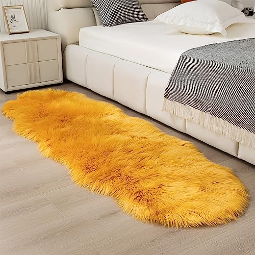 CKLZSAY Faux Fur Sheepskin Runner Rug Yellow 2x6 ft Ultra Soft Shaggy Plush Fluffy Fuzzy Area Carpet Decorative Chair Cover Floor Mat for Bedroom Sofa Living Room Bedside