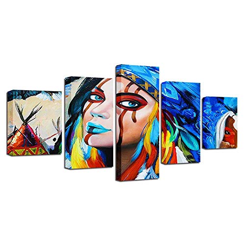 Tableau mural colored indian woman 5 pièces pour habiller un grand mur de salon vide sans cadre