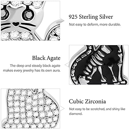 GNOCE Double Sided Cat Bracelet Charms Pendant Sterling Silver Schrodinger's Cat Skeleton Bones Bead Charms with Cubic Zirconia fit Bracelet/Necklace Jewelry Gift for Women Mens