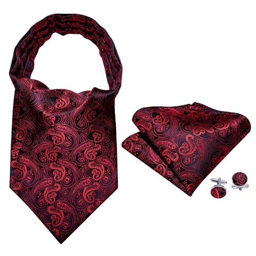 Image of Barry.Wang Ascot Ties Cravat Tie Men Paisley Plaid Scarf Self Tie Pocket Square Cufflinks Set Wedding Party