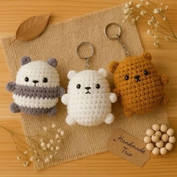 Handmade Trio Crochet Bear Keychain, Set of 3, Cute Amigurumi Plush, Brown, White, Grey-image-37