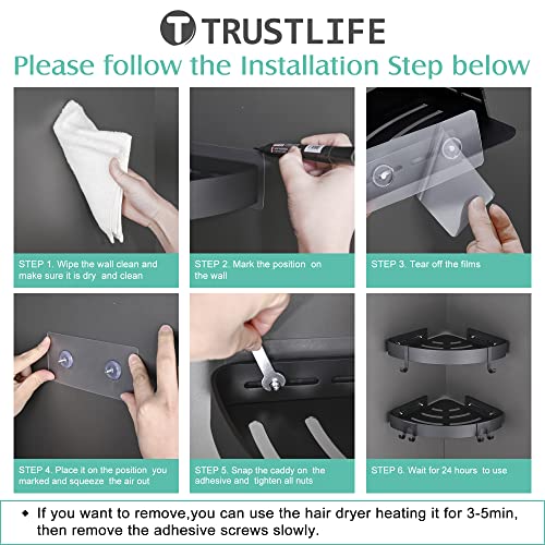 TRUSTLIFE Bathroom Corner Shelf Black Adhesive Shower Caddy Organiser Space Aluminum Wall Mounted Bath Shelves No Drilling with Hooks for Wetroom - 2 Pack - Image 5