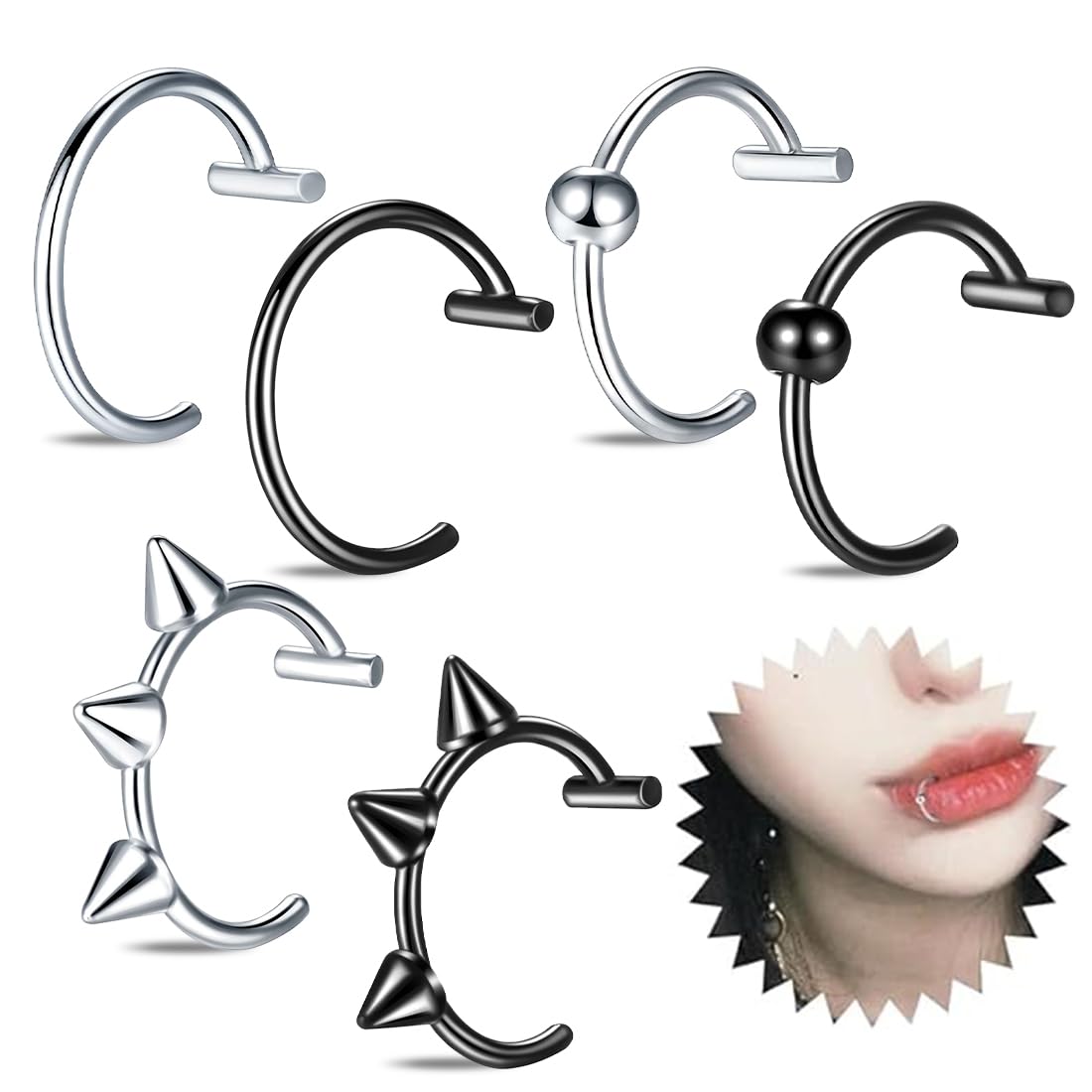 JEYORZY 6 Pièces Faux Piercing Faux Piercing Levre Faux Septum Piercing Nez Faux Anneau Nez Piercing Nez Anneaux Ensemble Boucle D'oreille/Anneau de Nez