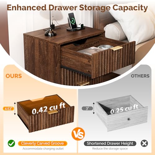 Image of VINGLI Walnut Nightstands Set of 2 with Charging Station, Fluted Nightstand 3 Drawer Night Stand, Mid Century Modern Night Stand for Bedroom, Fluted Bedside Table /End Table /Side Table, 2 pcs